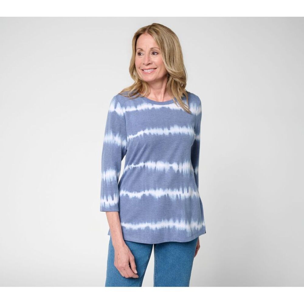 Denim & Co. Women's Top Sz L Soft Blend Tie Dye Stripe Printed Blue